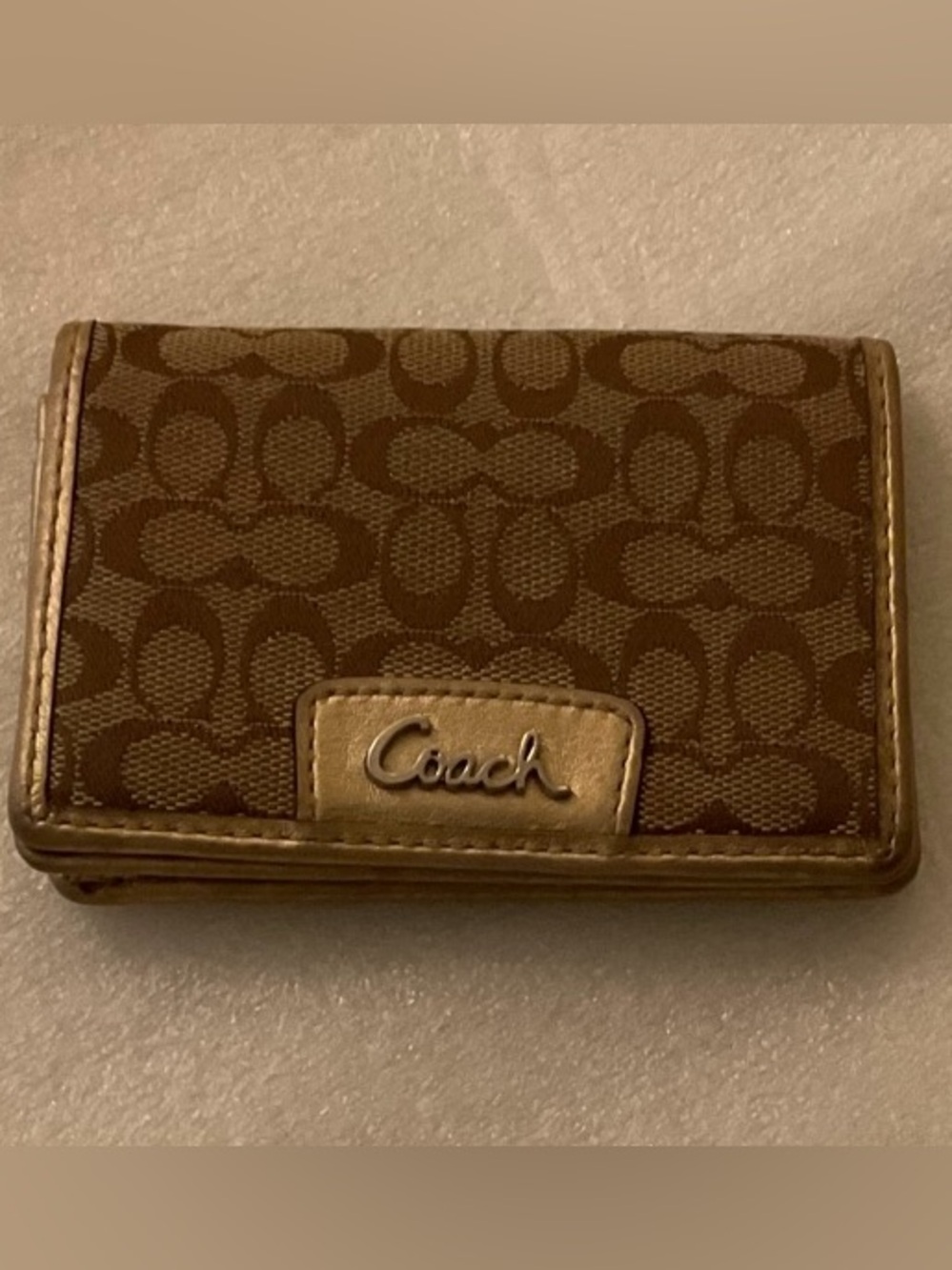 COACH Signature Khaki Metallic Gold Compact Wallet Card Case Pristine Logo